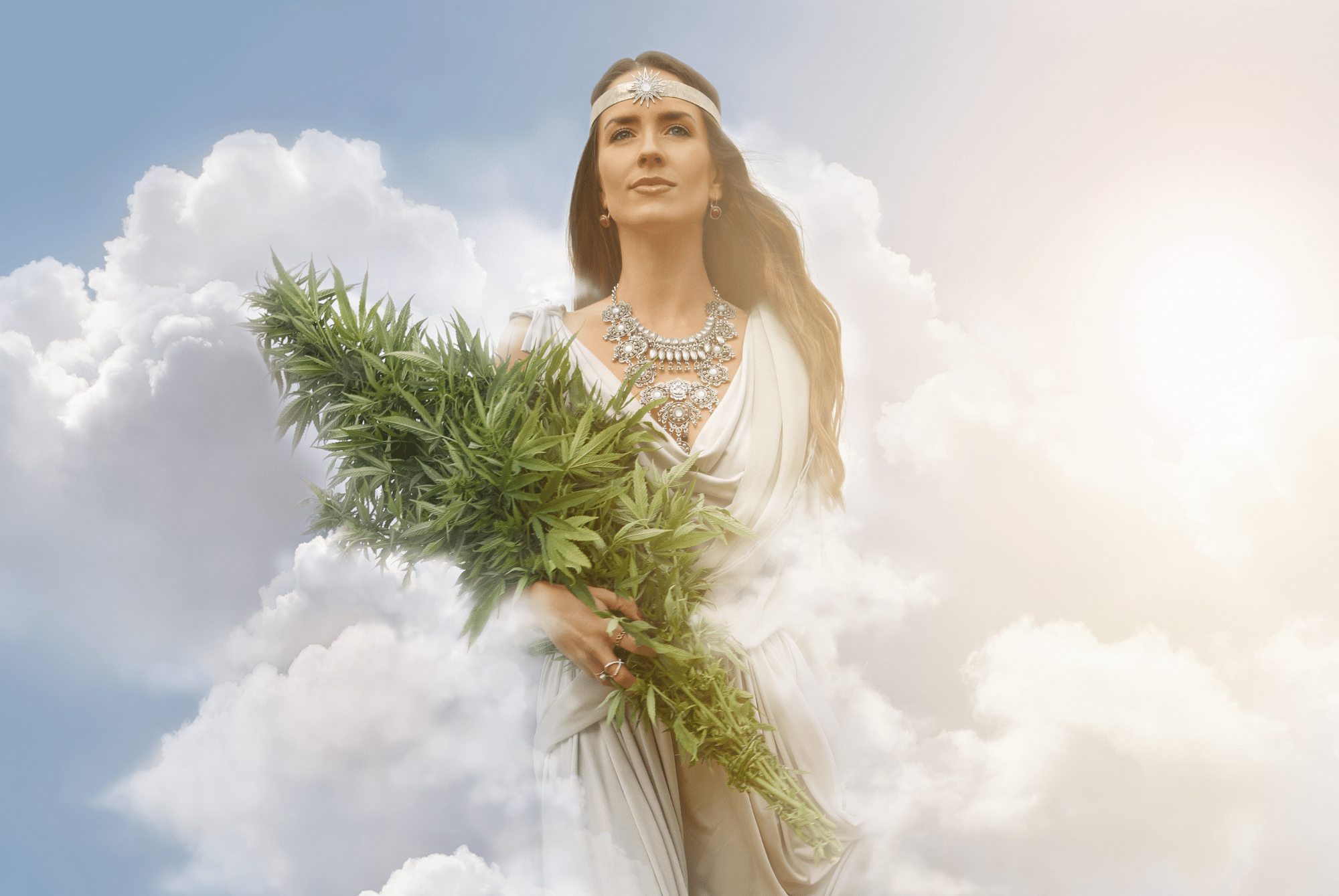 žena s čelenkou v nebesích s rostlinami konopí