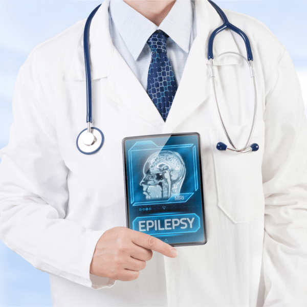 doktor v bílém plášti s cedulkou epilepsie