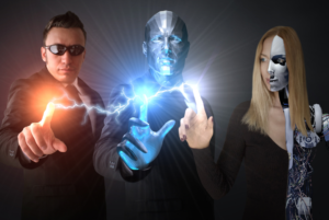 muž, robot a žena a záblesk energie